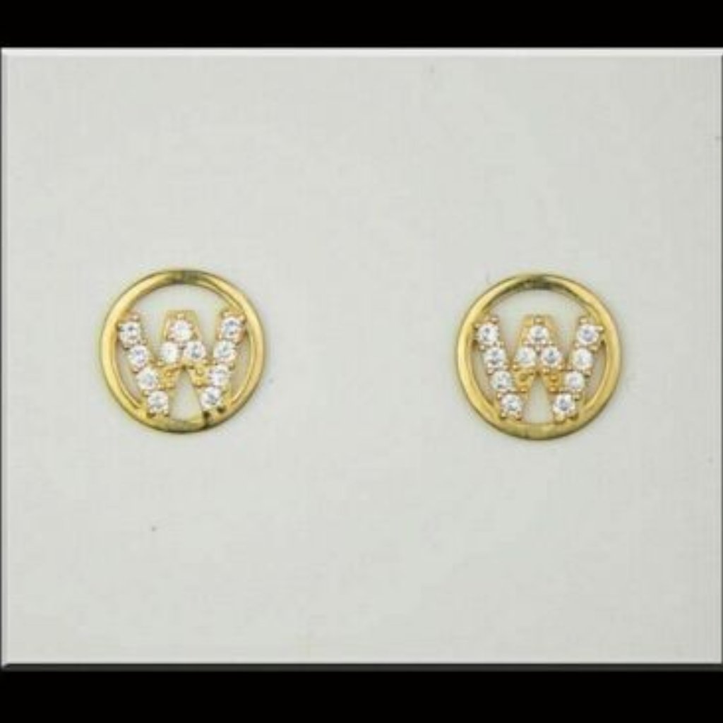 14k Yellow Or White Gold Round Initial Letters Cz Stud Earring Letter "W"